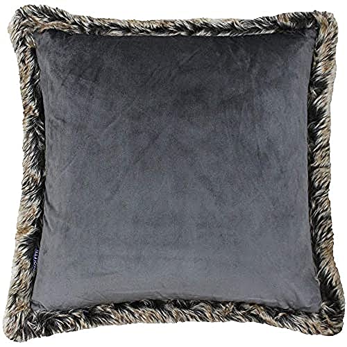 Kiruna Square Cushion Cover - Smoke Grey - Faux Velvet Look and Feel - Faux Fur Edging - Reversible - Hidden Zip Closure - 100% Polyester - 45 x 45cm (18 x 18 inches) - Made by Riva Paoletti