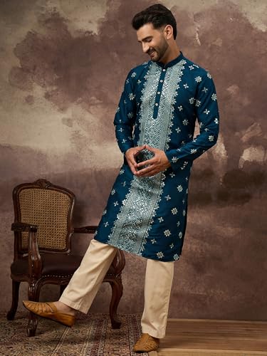 Image of Men's Solid Calf Length Silk Blend Embroidered Kurtas | Men | Kurtas for Mens | Straight Fit Kurta for Men's
