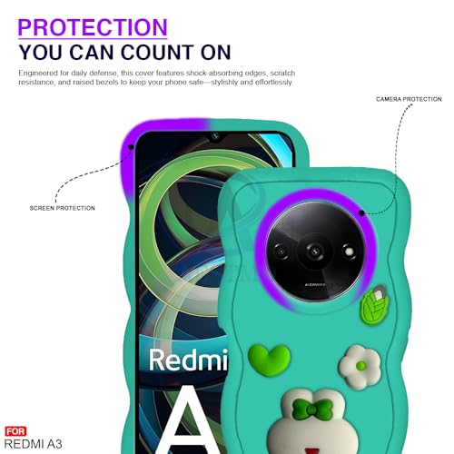 Image of AESTMO Back Case Cover for Redmi A3 | 3D Cute Fun Cartoon Characters | Anti Slip Grip Cute Wave Curly Frame Shape | Full Body Protection Back Cover for Redmi A3 |(Mint Green)