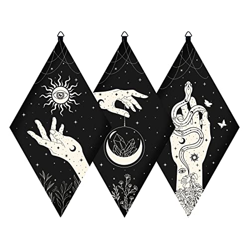 CRASPIRE Wooden Wall Decorations Boho 3pcs Black Wooden Pendulum Board Hand Sun Eye Moon Crystal Snake Wall Hanging Ornament Rhombus Wall Art with Tarot Patterns for Witchcraft Wiccan Altar Supplies
