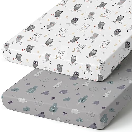 Image of BROLEX 2 Pack Mini Crib Sheets, Stretchy Portable Fitted Playard Sheet Set, Convertible Playard Mattress Cover, Ultra Soft Breathable Material, Hedgehog Owl Pattern