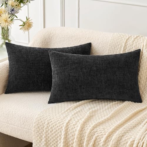 Image of MIULEE Halloween Pack of 2 Couch Throw Pillow Covers 12x20 Inch Soft Black Chenille Lumbar Pillow Covers for Sofa Living Room Solid Dyed Cases