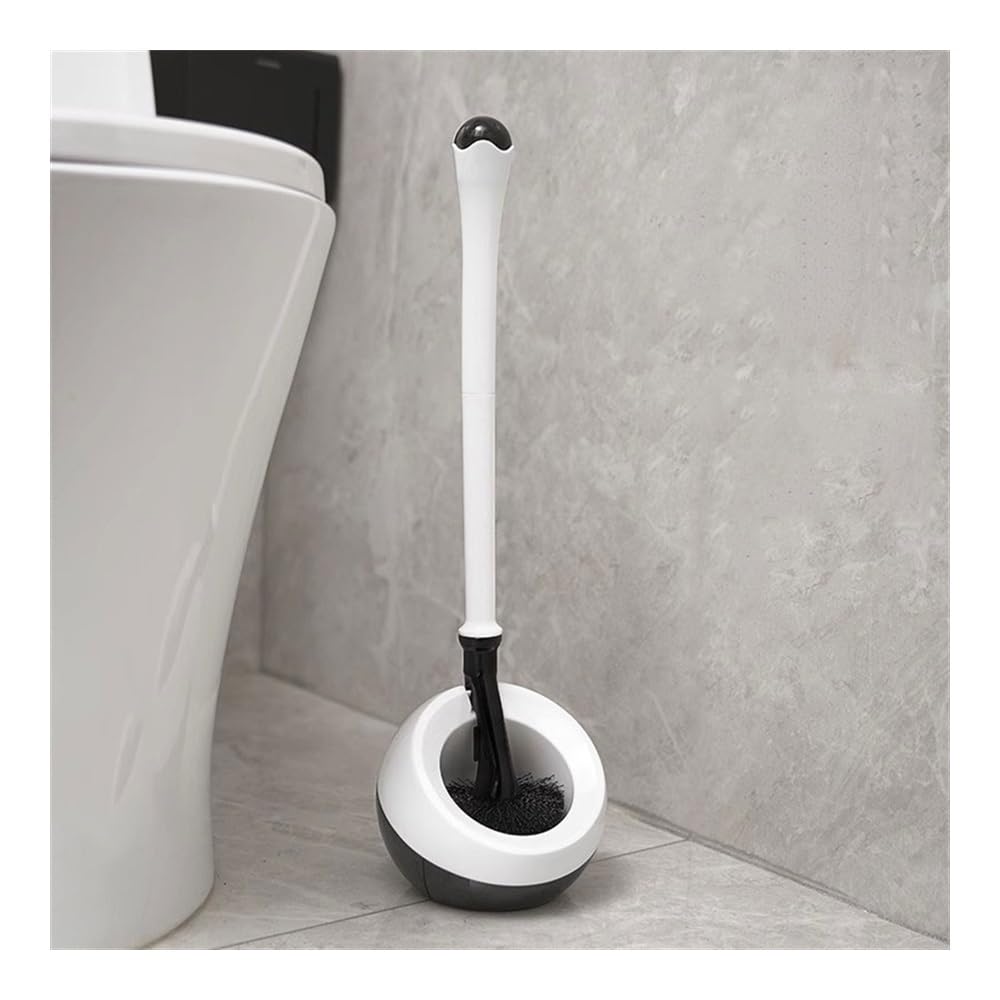 Cepillo de baño, Escobilla de baño Redonda montada en el Suelo con Base Transpirable, escobilla de plástico for Inodoro, escobilla de baño de Mango Largo Blanco y Negro