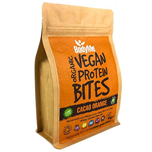 BodyMe Orgánica Proteínas Veganas Mordeduras De Bocados | Crudo Cacao Naranja | 500g | 100 Mordeduras | Con 3 Proteínas Vegetales