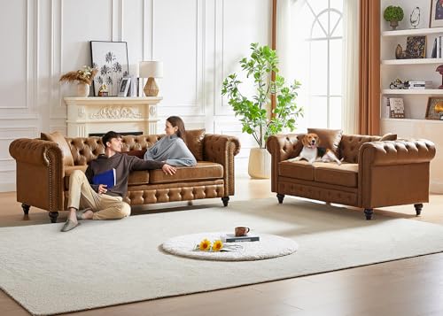 Image of 2 Piece Living Room Sofa Set,Faux Leather Button Tufted Couch and Loveseat Set with Nailhead Trim&Roll Armrests,Mid Century Modern Chesterfield Sofa for Living Room,Office(Loveseat+3 Seater,Brown)