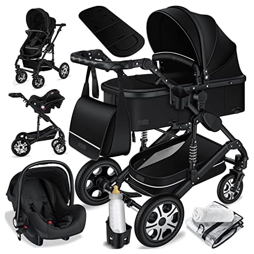 Kesser® Loops 3-in-1 Combination Pram, Complete Set Including Baby Tub & Buggy Sports Seat & Baby Car Seat, Full Rubber Tyres, Changing Bag / Rain Cover / Children's Table Set