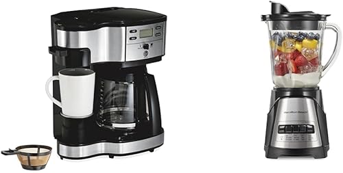 Hamilton Beach Cafetera de goteo programable de 2 vías de 12 tazas y máquina de una sola porción, jarra de vidrio y licuadora Power Elite Wave