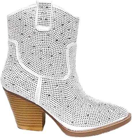 Women's Rhinestone Block Heel Ankle Boots River-01 By Forever White 6 - Image 8