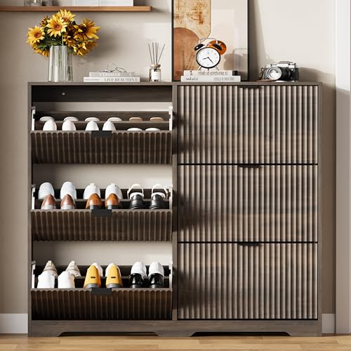 Image of HUANLEGO Shoe Cabinet Storage for Entryway with 6 Flip Drawers, Grey Fluted Shoe Cabinet with Adjustable Shelves, Wooden Hidden Shoe Rack Freestanding Narrow Slim Shoes Storage for Hallway, Entrance