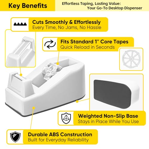 Desktop Office Tape Dispenser, Fits Standard 1-Inch Core Tapes, Weighted Non-Slip Base, Sharp Metal Blade, Smooth Cutting, Adhesive Roll Holder for Office, School, Shop, Home & Business - White - Image 3
