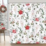 Bonhause Duschvorhang Weihnachten Blumen Poinsettia Xmas Aquarell Pflanzen Duschvorhänge 180 x 180 cm Anti-Schimmel Wasserdicht Polyester Stoff Waschbar Bad Vorhäng für Badzimmer mit 12 Haken