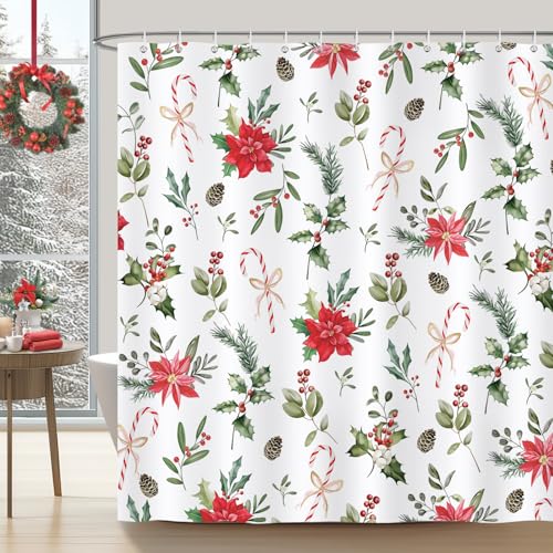 Bonhause Christmas Poinsettia Shower Curtain, Red Xmas Floral Leaves Bathroom Curtain 180 x 180 cm Waterproof Mildew and Mould Resistant Polyester Fabric Bath Curtain with 12 Hooks