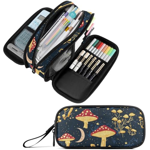 Image of Fustylead Mystical Aesthetic Mushrooms Moon Stars Large Pencil Bag Storage Pen Case Makeup Pouch Stationery Bag for School College Office Organizer
