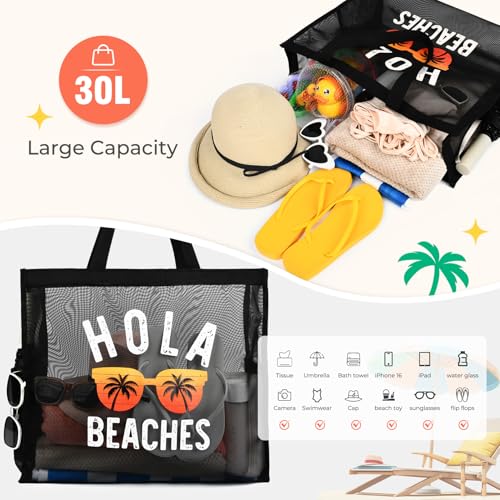 30L Large Beach Bag with Pouch Foldable Sandproof Lightweight Mesh Tote Bag with Two Pockets for Swimming Travel3