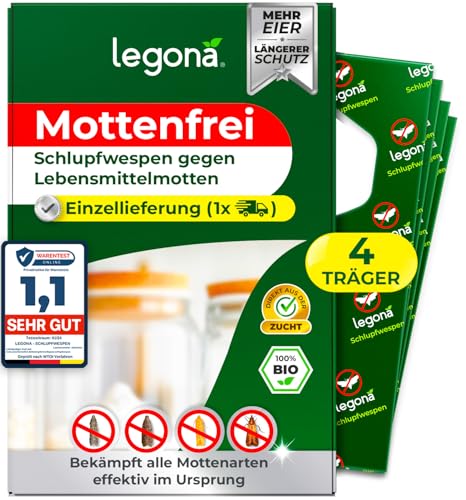 Legona Schlupfwespen gegen Lebensmittelmotten – 1 Lieferung mit 4 Träger – Mottenschutz für Küche und Vorrat – Alternative zur Mottenfalle