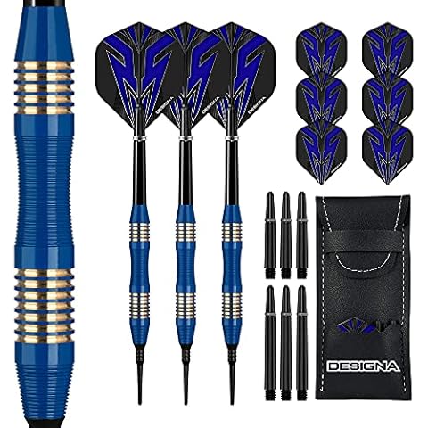 DESIGNA DARTS Mako | 21g Soft Tip Electro Brass Dart Set with Scallopped Barrel Including 6 Standard Flights, 6 Stems, Checkout Card and Storage Case, M2, Blue Cover