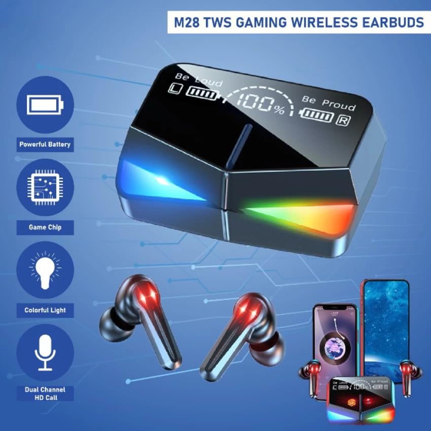 Image of M28 Wireless Earbuds TWS Bluetooth 5.1 Gaming Monster Earphones | Touch Control Headphones Microphone Mirror Screen Mini LED Display - Excellent Sound Ensure Fast