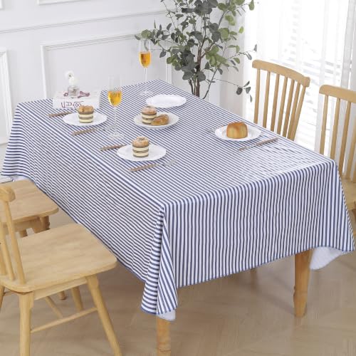 Image of Walrus Heavy Duty Vinyl Tablecloth with Flannel Backing Waterproof Oil-Proof Plastic Table Cloth Stain-Resistant Wipeable Table Cover for Indoor and Outdoor (Blue Striped,52x70 Inch)