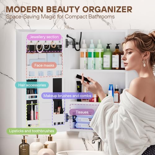 خزانة مراة حمام تثبت على الحائط من تيانكينوك - خزانة مراة قابلة للتعتيم مع اضواء LED - خزائن حمام مع وظيفة ذاكرة مضادة للضباب - ارفف قابلة للتعديل ومستشعر لمس وتخزين مخفي