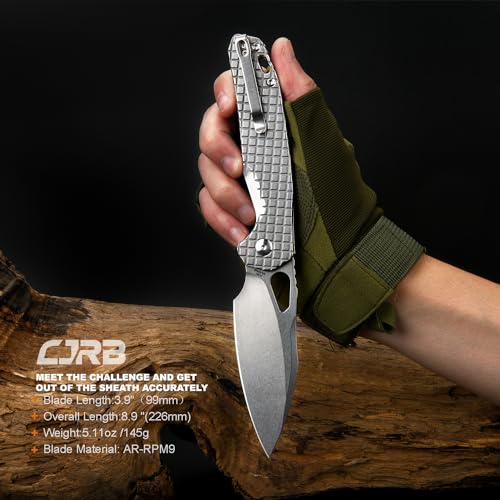 Image of CJRB Frack Pocket Knife, 3.9 inch AR-RPM9 Steel Blade PVD Coating Frag Pattern Steel Handle EDC Knife, Button Lock Knife for Outdoor Camping Gift, Stonewash (J1931)