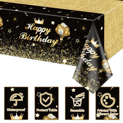 Image of 4 Pcs Black and Gold Party Tablecloths - Gold Black Birthday Decorations Tablecloth Rectangular Table Covers Birthday Table Decorations for Boy Girl, 51 x 86.6 Inch
