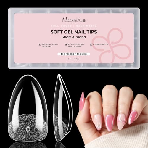 Image of MelodySusie Short Almond X Nail Tips - 16 Sizes 160 Pcs | Pre-Shaped Soft Gel,Half Matte Full Cover Clear Acrylic Press on Nails for DIY Extension&Salon,Long-Lasting Manicure