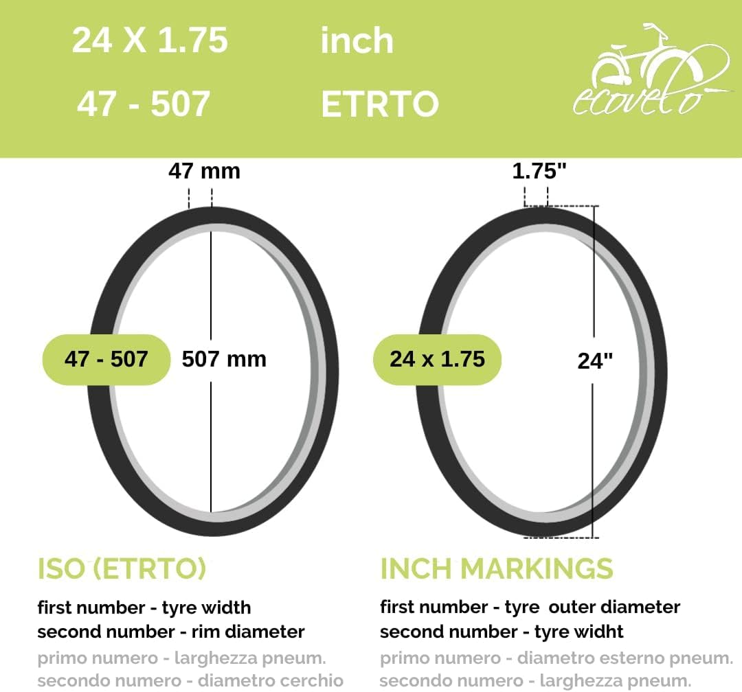 Ecovelo' 2 COPERTONI 24 X 1.75 (47-507) + CAMERE V.A. PNEUMATICI STRADALI GRAZIELLA CITY BIKE BICI 24 POLLICI