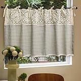 Vintage Buffalo Plaid Valance Stitching Crochet Kitchen Short Curtain Tier Light Filtering Rustic Half Window Drapes Cafe Bathroom Tab Top 1 Panel (W39 X L20 Inch,Light Coffee)