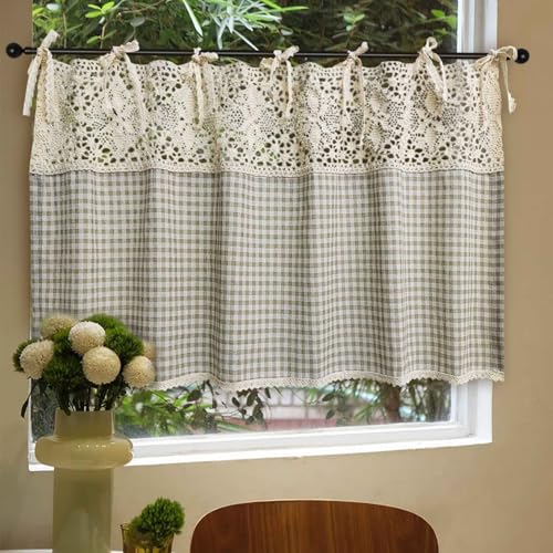 Vintage Buffalo Plaid Valance Stitching Crochet Kitchen Short Curtain Tier Light Filtering Rustic Half Window Drapes Cafe Bathroom Tab Top 1 Panel (W39 X L20 Inch,Light Coffee)