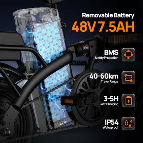 Miniatura 3 de Urlife Bicicleta Eléctrica Plegable De 14 , Bike Con Pedaleo Asistido Batería 48v 7.5ah, Bici Eléctricas Con Motor De 250w De Alta Velocidad Alcance Máximo 40-60km Noir
