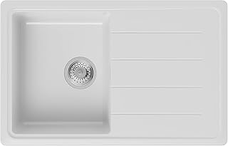 Évier de Cuisine en Granit Blanc, 78 x 50 cm, Lavabo 1 bac + Siphon Classique, 5 couleurs et option antibactérienne, Évier à Encastrer de Primagran