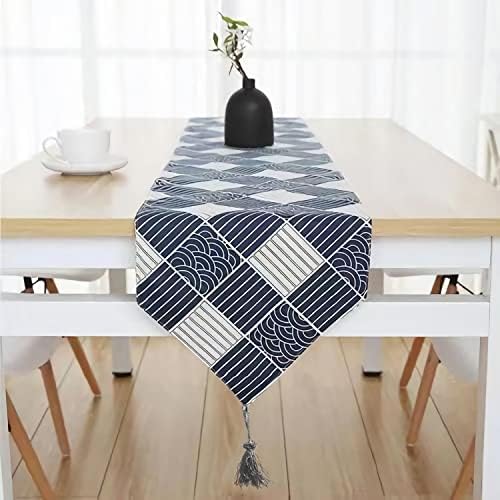 Linen Table Runners 72 inches long Navy Blue, Asian Decor, Coffee Table Runner, Japanese Plaid Style Table Decor for Kitchen, Party, Dining Room Decorations, Figurine