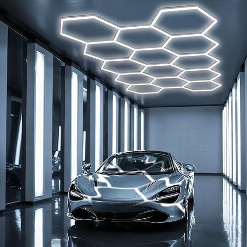 Image of FTL Honeycomb LED Garage Light,14 Grid 456W Hexagon LED Ceiling Light for Garage,6500K Cool White DIY Workshop Lighting for Car Detailing,Hexagonal Garage Lighting for Warehouse,Shopping Mall,Basement