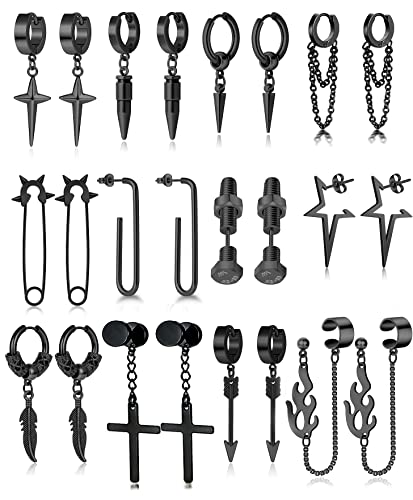12 Pairs Stainless Steel Classic Dangle Earrings for Men Punk Gothic Long Chain Piercing Drop Earring Set Hinged Hoop Huggies Earring Jewelry Gift Silver Black Tone