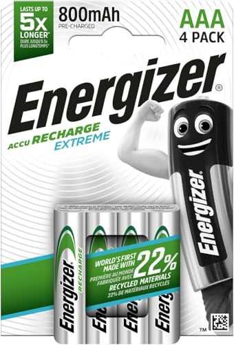 Energizer Recharge Extreme   Pila Recargable AAA (Paquette de 4) Batería 800 mAh NiMH   precargada   para Dispositivos Uso frecuente y Cientos de recargas   Embalaje 100% reciclable y sin plástico