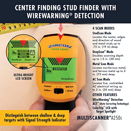 Zircon MultiScanner A250c All-In-One Stud Finder/Metal Detector/Live AC Wire Detection and Scanner - Thumbnail 3
