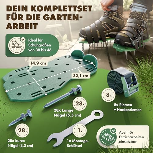 LAINFELD Rasenlüfter | Nagelschuhe mit kurzen und Langen Nägeln | Rasenbelüfter mit 4 Riemen | Vertikutierer für Rasen | Aerifizierer Gartenschuhe