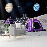 Carta da parati autoadesiva, con superficie planetaria lunare con tenda viola e spazio stellato, autoadesiva, rimovibile, per soggiorno, camera da letto, bambini