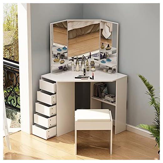 MELLCOM Corner Vanity Desk Makeup Table Set,Dressing Table with 5 Drawers and 3 Mirrors, Tri-Fold Mirror Vanity with Stool for Bedroom,Bathroom,White