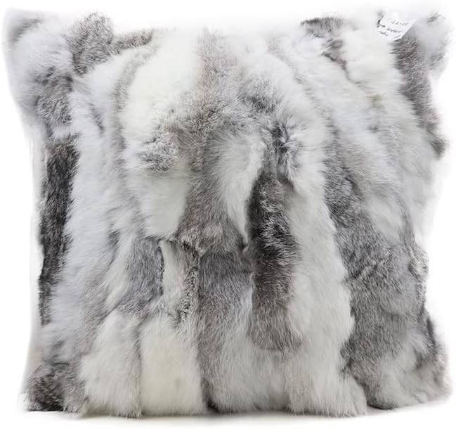 Woolous Real Rabbit Fur Pillow Cover Natural Home Decoration Soft, Pillow Cover Real Fur Cushion Cover (Gray and White, 16 * 16 inches)