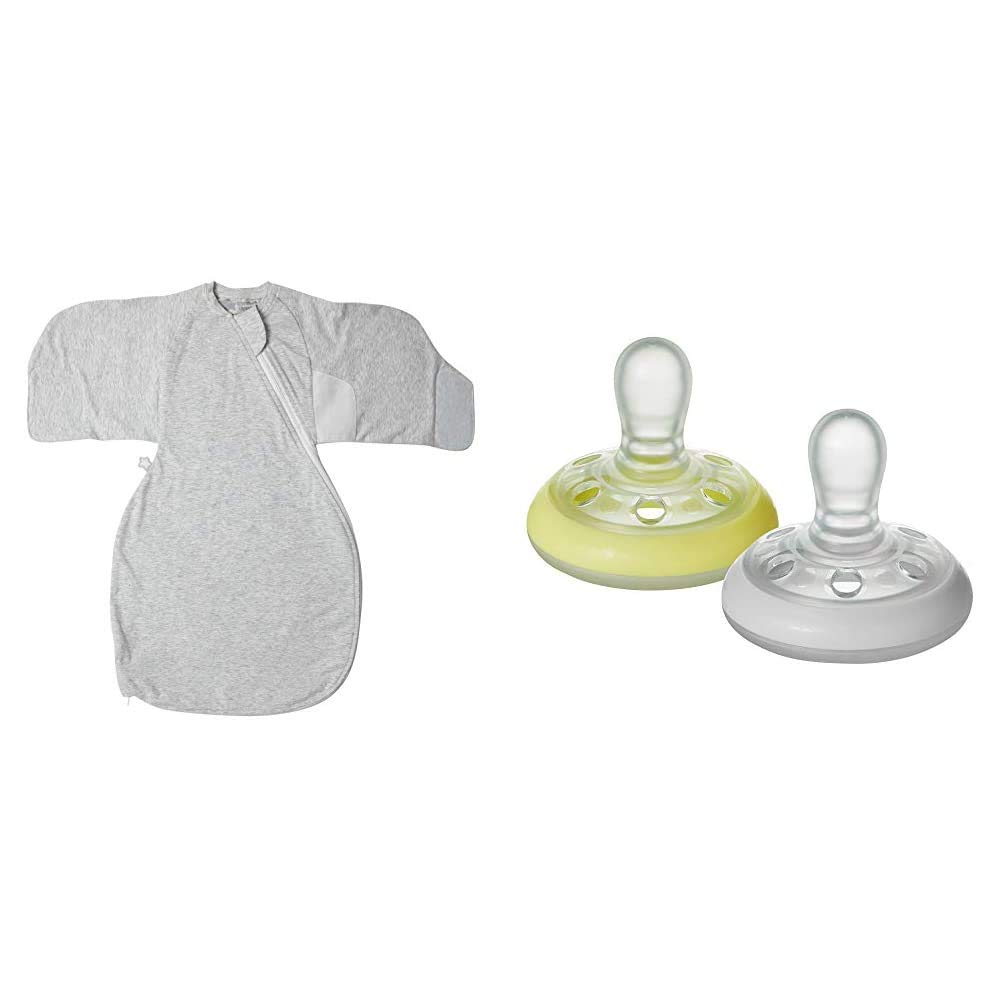 Tommee Tippee The Original Grobag, Newborn Swaddle Wrap, 0-3m, Grey Marl with Breast-like Soother Night Time