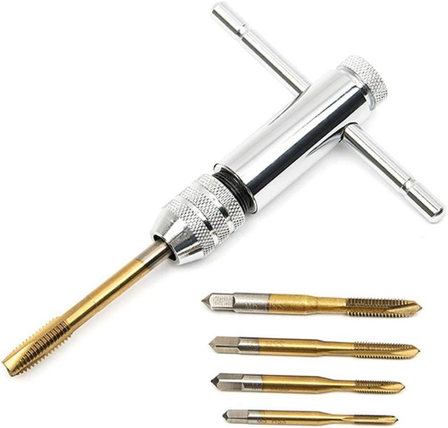 Malayas Adjustable M3-M8 3mm-8mm HSS T-Handle Reversible Ratchet Wrench Tapping Threading Tool with Gold Hand Screw Tap