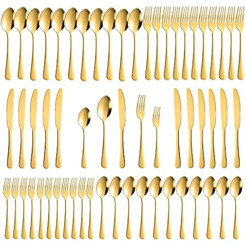 60-Piece Gold Silverware Set, Stainless Steel Flatware Cutlery Set Service for 12, Gold Utensils Tableware Cutlery Set for Home Restaurant, Mirror Finish, Dishwasher Safe (Gold) Cover
