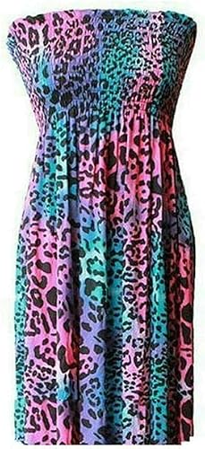 Image of BloomFashion® Womens Floral Printed Bandeau Sheering Short Dress Strapless Boob Tube Gather Elasticated Bust Top Ladies Summer Casual Mini Beach Cover Up Boobtube Tops Plus Size 20-22 Multi Leopard