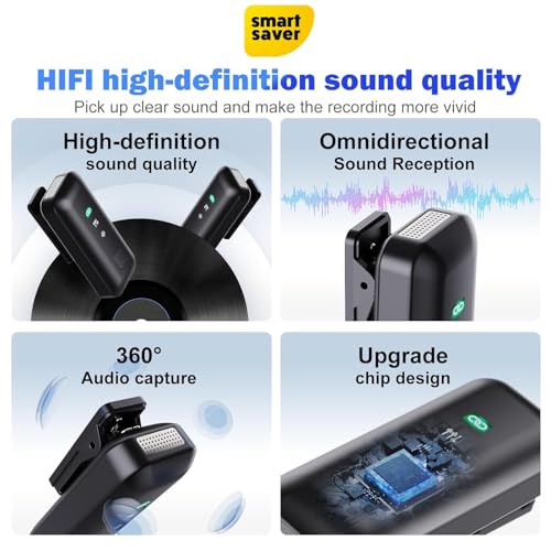 Image of Smart Saver Wireless 2 Microphone for iPhone iPad Android, Mini Lavalier Mic with Noise Cancellation, 20H Battery, Wireless Microphone for iPhone, Android, PC (2 mic + 2 Receiver + Charging Case)