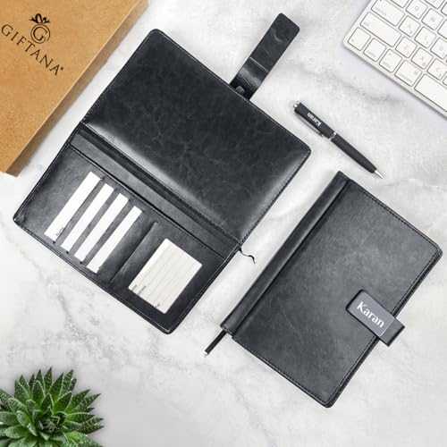 Image of Giftana Personalized Notebook Diary with Pen Gift Set for Men and Women, 2 in 1 Customized Office Diaries A5 Size Notebook, Diwali Gifts, Personalised New Year Corporate Gifts for Employees (Black 1)