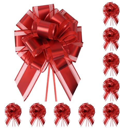 TIMESEEK 10-Pack Classic Red Pull Bows for Gift Wrapping - 6 Inch Reusable Ribbon Bows Large Instant Floral Decor Bow for Wedding Christmas Birthday Decor Gift Basket & Party Decorations