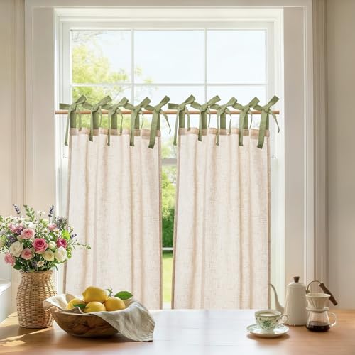 jinchan Crude Linen Kitchen Tier Curtains 36 Inches Green Tie Top 2 Panles