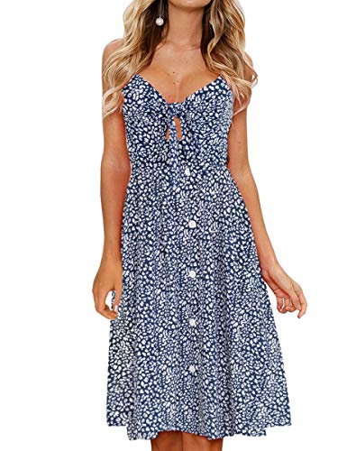 Image of FANCYINN Womens Tie Front Button Down A-Line Dresses Summer Spaghetti Strap Midi Dress Floral Prints