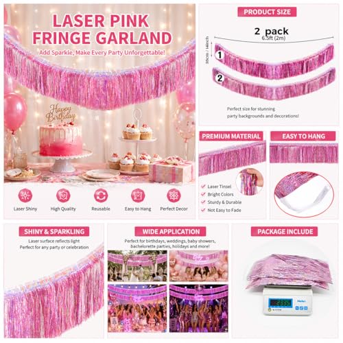Image of Glitter Pink Fringe Garland -4 Layers Thick, 2 Pack Metallic Tinsel Tassel Banner, Iridescent Party Streamers for Barbie Birthday Disco Bachelorette Wedding Christmas Photo Booth Party Decorations